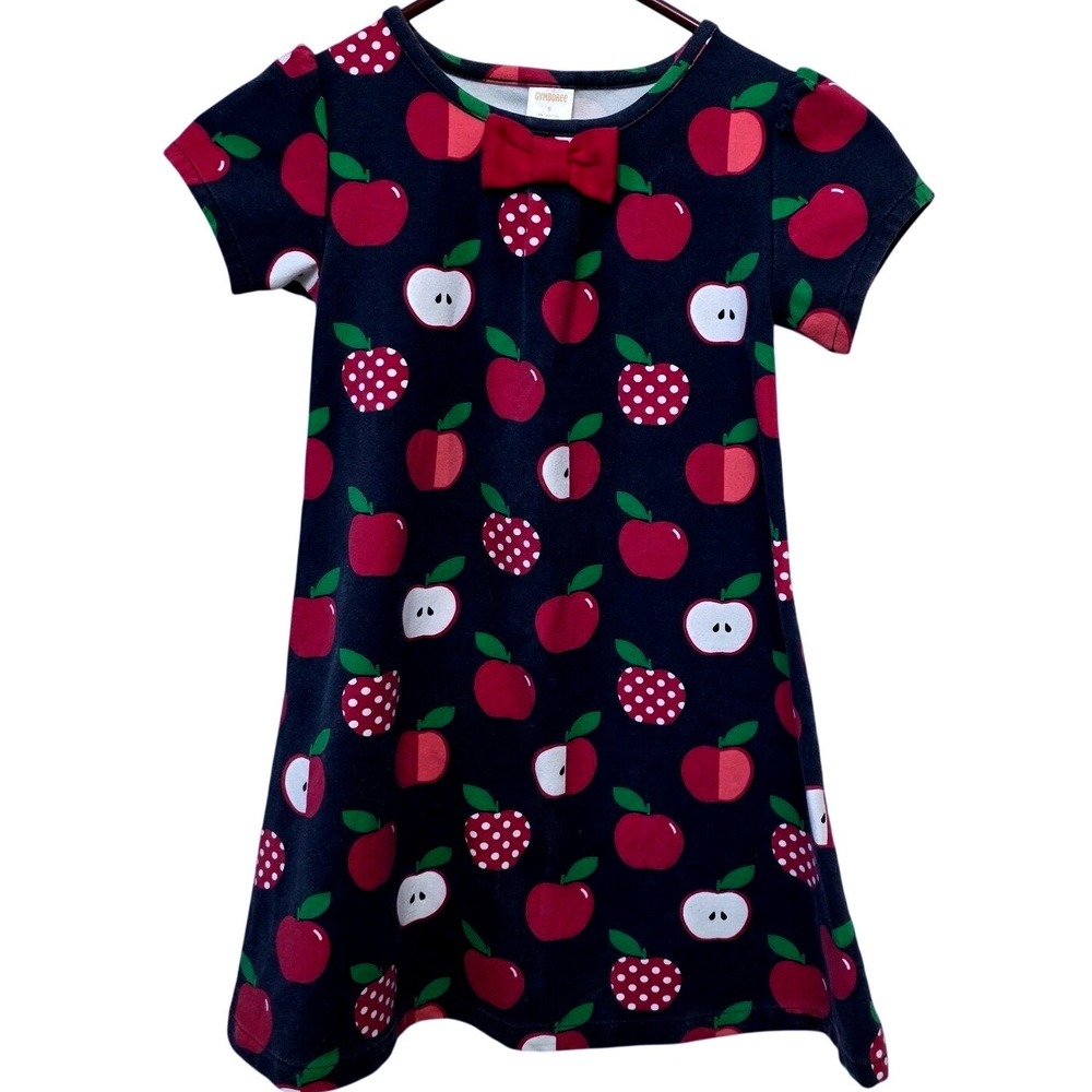 Gymboree Kids Girls Size 6 Navy Blue Apple Bow‎ Short Sleeve Dress Y2K 2000's
